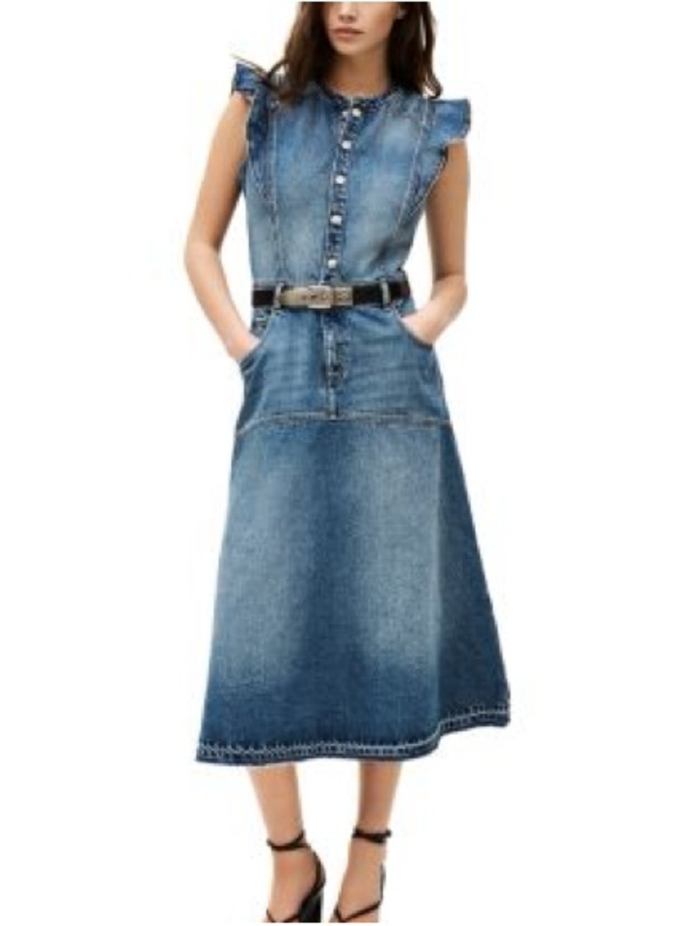 NWT ba&sh Vayea Ruffle Denim Midi Dress with Button Front